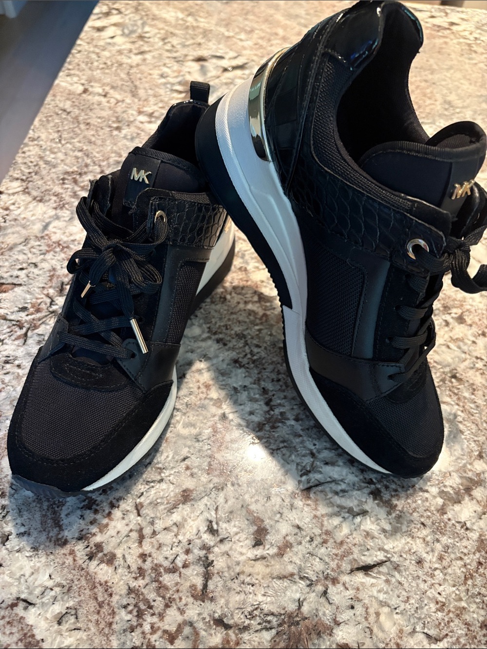 Michael Kors Black Sneakers with White Platform and Gold Trim